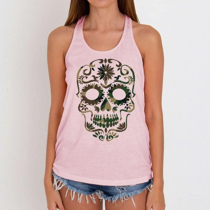 Military Camouflage Camo Dia De Los Muertos Sugar Skull Women's Knotted Racerback Tank