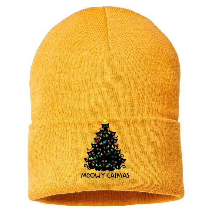 Merry Catmas Cat Christmas Tree Meowy Catmas Gift Sustainable Knit Beanie