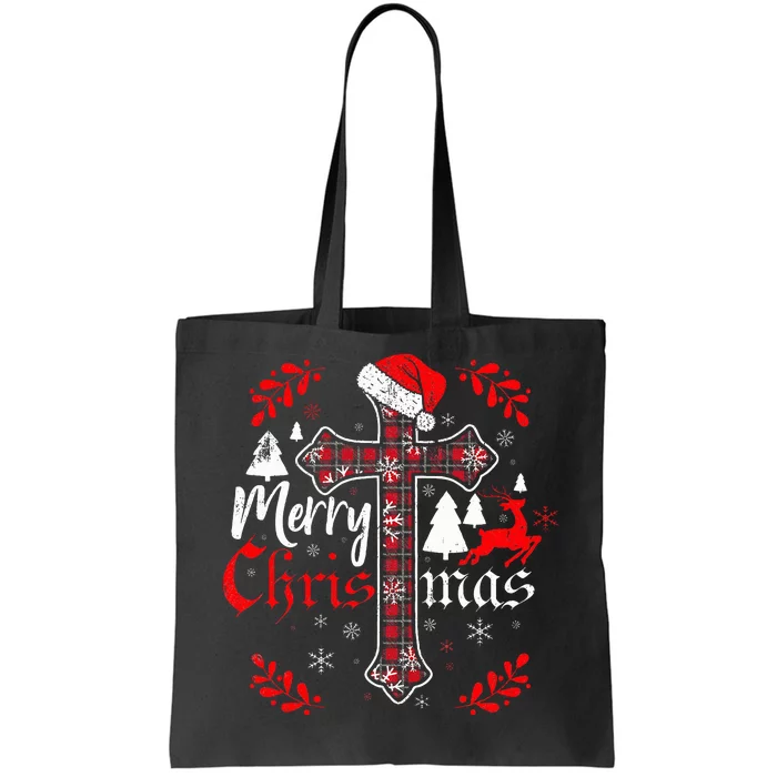 Merry Christmas Christian Cross Buffalo Plaid Pajamas Tote Bag