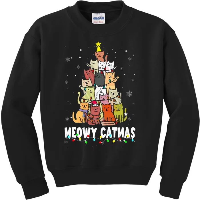 Meowy Catmas Cat Christmas Tree Xmas Kids Sweatshirt