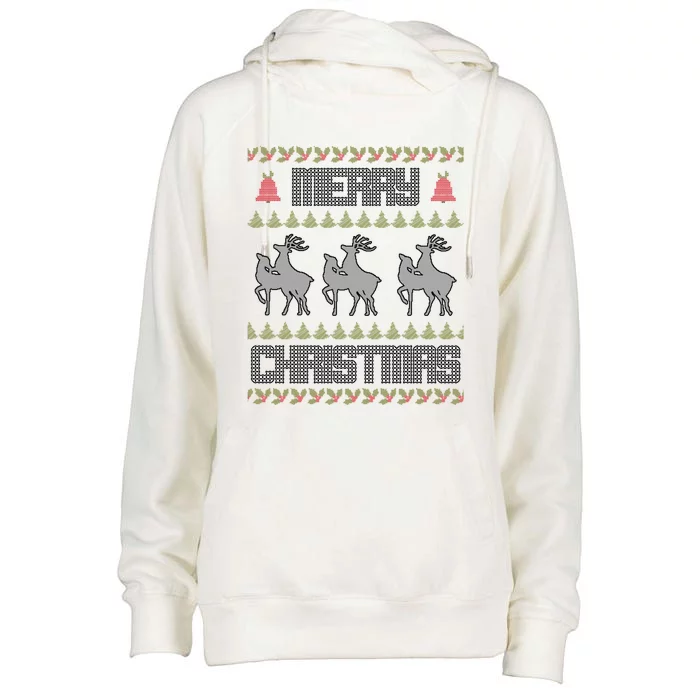 Merry Christmas Deers Humping Funny Holiday Reindeer Gift Womens Funnel Neck Pullover Hood