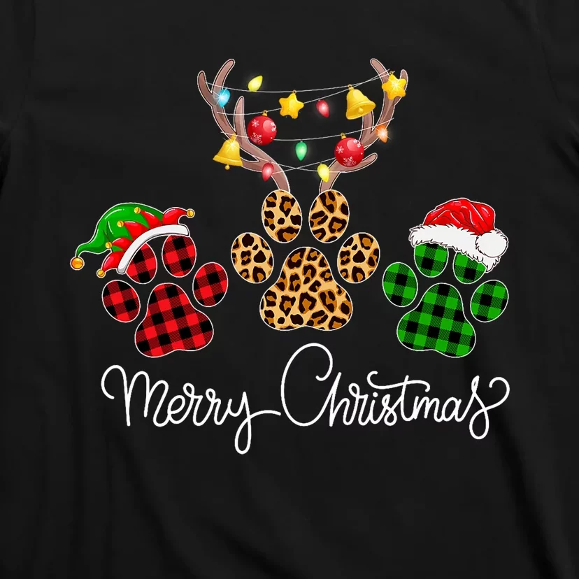 Merry Christmas Dog Paws Lights Buffalo Plaid & Leopard Xmas T-Shirt