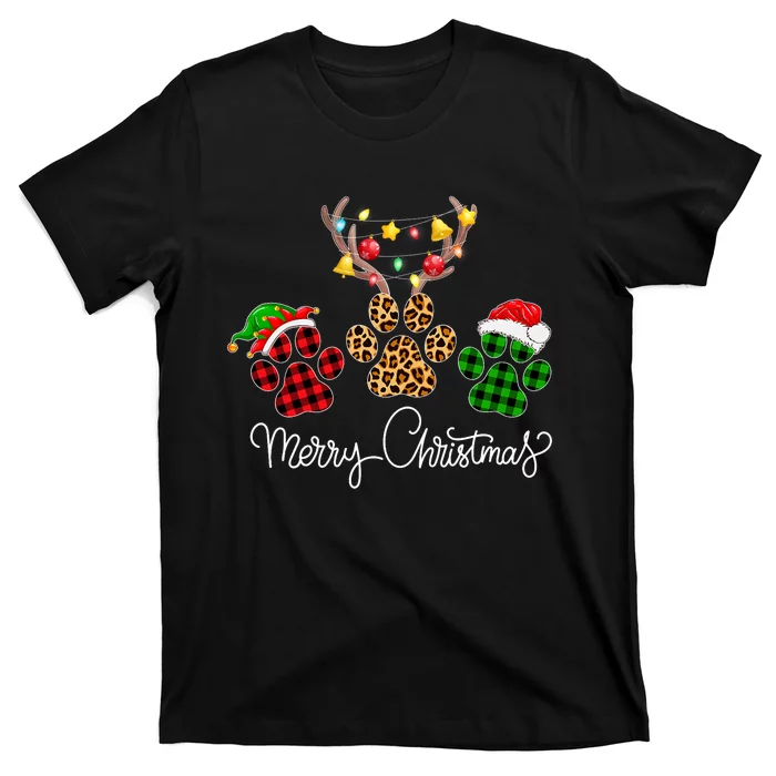 Merry Christmas Dog Paws Lights Buffalo Plaid & Leopard Xmas T-Shirt