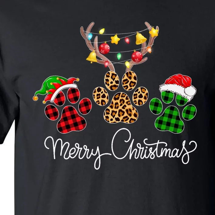 Merry Christmas Dog Paws Lights Buffalo Plaid & Leopard Xmas Tall T-Shirt