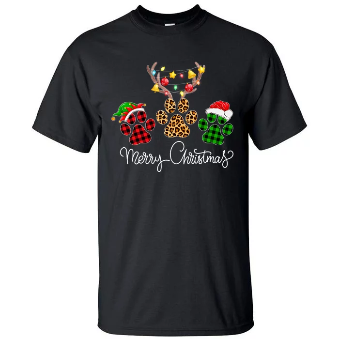 Merry Christmas Dog Paws Lights Buffalo Plaid & Leopard Xmas Tall T-Shirt