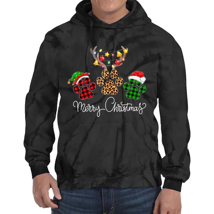 Merry Christmas Dog Paws Lights Buffalo Plaid & Leopard Xmas Tie Dye Hoodie