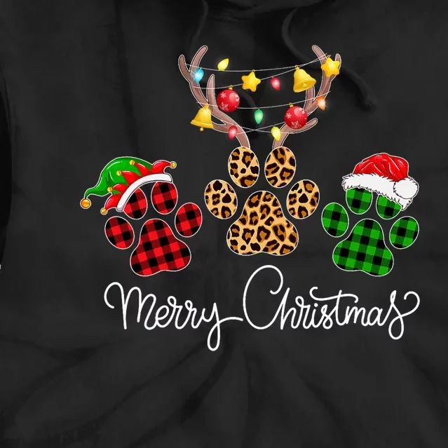 Merry Christmas Dog Paws Lights Buffalo Plaid & Leopard Xmas Tie Dye Hoodie