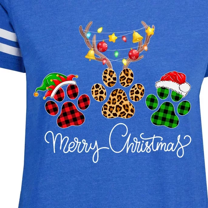 Merry Christmas Dog Paws Lights Buffalo Plaid & Leopard Xmas Enza Ladies Jersey Football T-Shirt