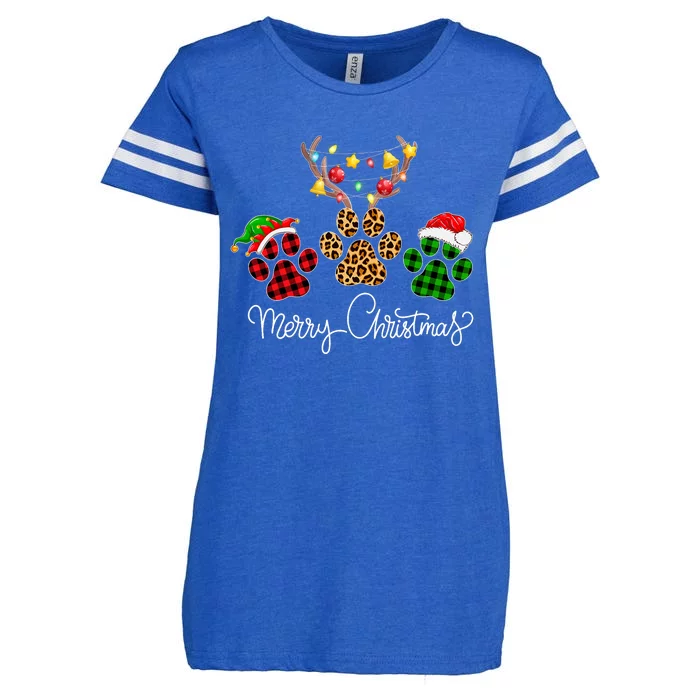 Merry Christmas Dog Paws Lights Buffalo Plaid & Leopard Xmas Enza Ladies Jersey Football T-Shirt