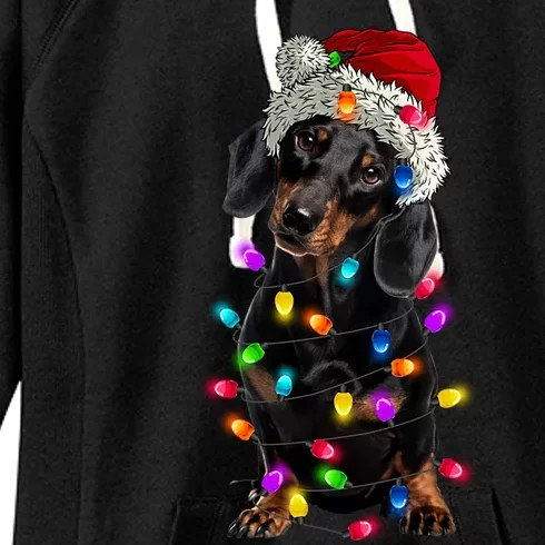 Merry Christmas Dachshund Santa Hat Lights Xmas Cute Gift Women's Fleece Hoodie