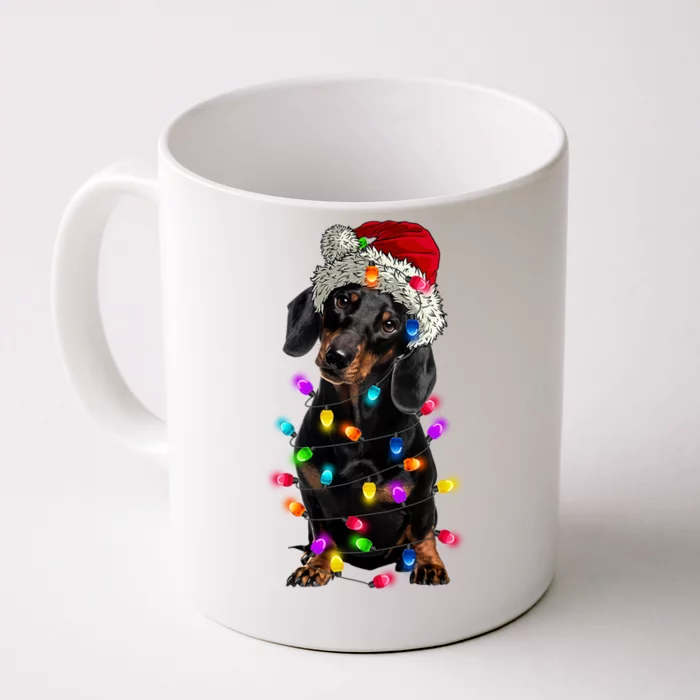 Merry Christmas Dachshund Santa Hat Lights Xmas Cute Gift Front & Back Coffee Mug