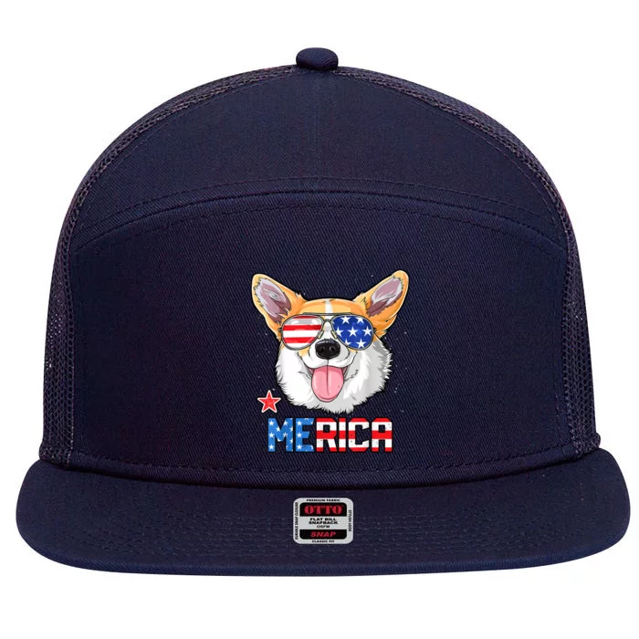 Merica Corgi Dog 4th Of July American Flag 7 Panel Mesh Trucker Snapback Hat