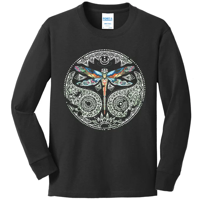 Magical Colorful Dragonfly Tribal Mandala Kids Long Sleeve Shirt