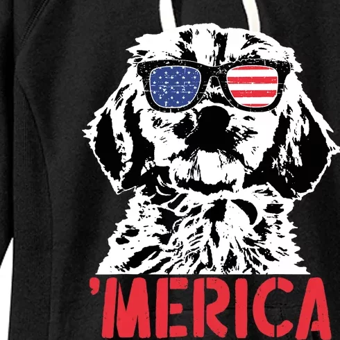 Merica Cockapoo Dog American Flag Sunglasses 4th Of July Women's Fleece Hoodie