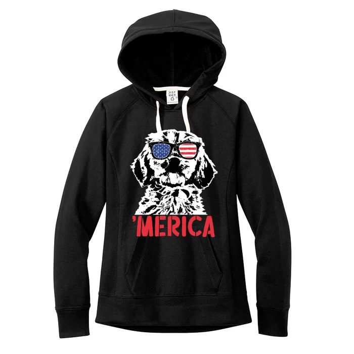 Merica Cockapoo Dog American Flag Sunglasses 4th Of July Women's Fleece Hoodie