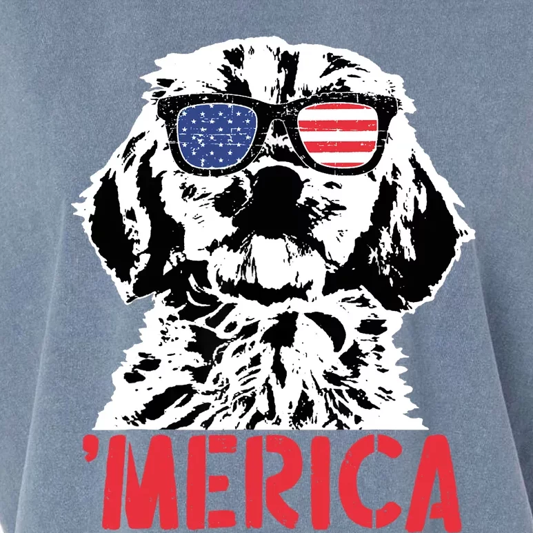 Merica Cockapoo Dog American Flag Sunglasses 4th Of July Garment-Dyed Women's Muscle Tee