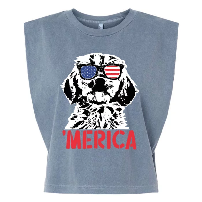 Merica Cockapoo Dog American Flag Sunglasses 4th Of July Garment-Dyed Women's Muscle Tee