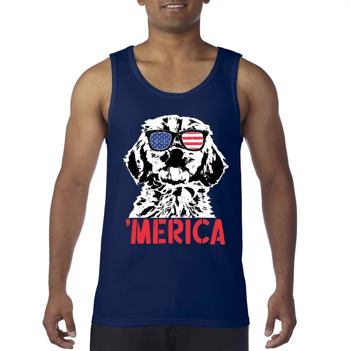 Merica Cockapoo Dog American Flag Sunglasses 4th Of July Tank Top