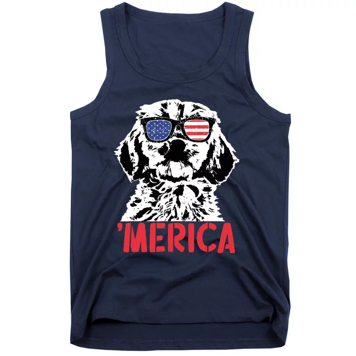 Merica Cockapoo Dog American Flag Sunglasses 4th Of July Tank Top