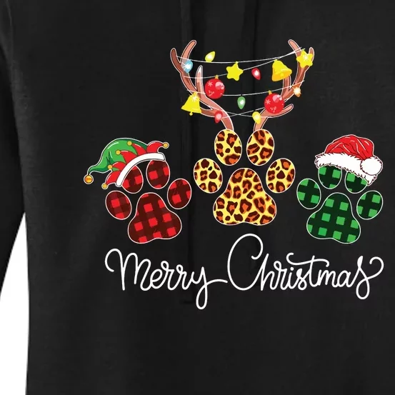 Merry Christmas Dog Paws Lights Buffalo Plaid Leopard Xmas Women's Pullover Hoodie