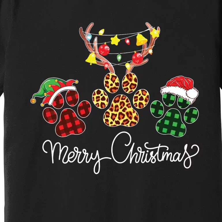 Merry Christmas Dog Paws Lights Buffalo Plaid Leopard Xmas Premium T-Shirt