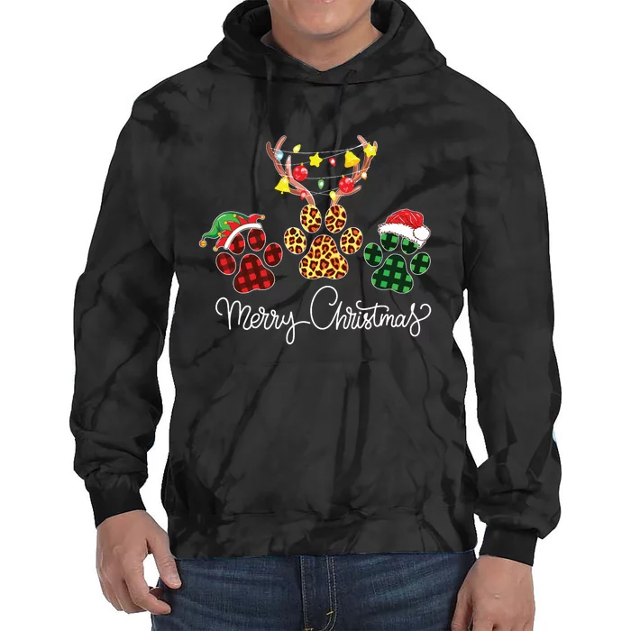 Merry Christmas Dog Paws Lights Buffalo Plaid Leopard Xmas Tie Dye Hoodie