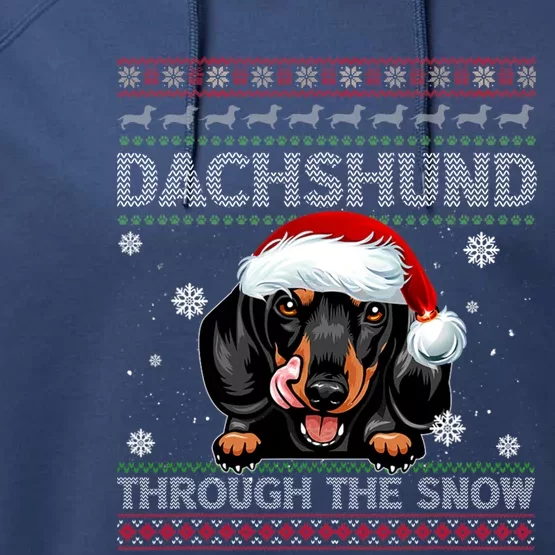 Merry Christmas Dachshund Dog Through The Snow Funny Pajama Gift Performance Fleece Hoodie