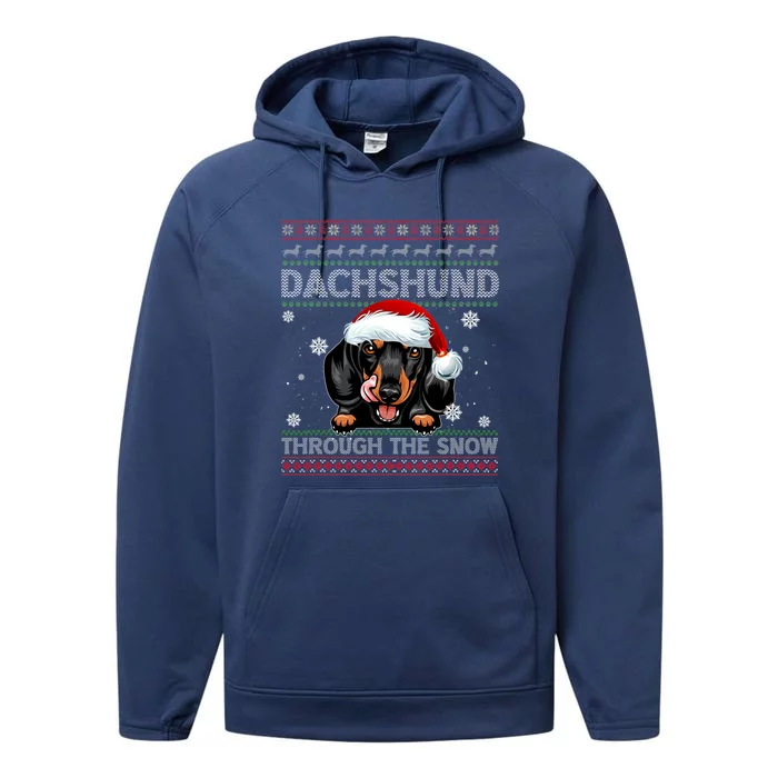 Merry Christmas Dachshund Dog Through The Snow Funny Pajama Gift Performance Fleece Hoodie