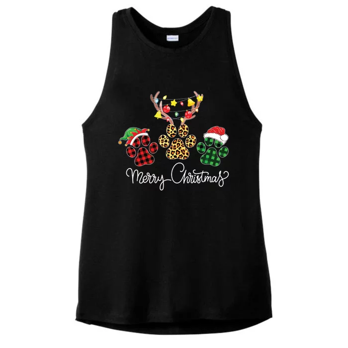 Merry Christmas Dog Paws Lights Buffalo Plaid Leopard Xmas Ladies Tri-Blend Wicking Tank