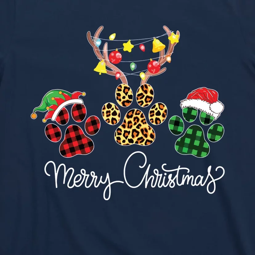 Merry Christmas Dog Paws Lights Buffalo Plaid Leopard Xmas T-Shirt