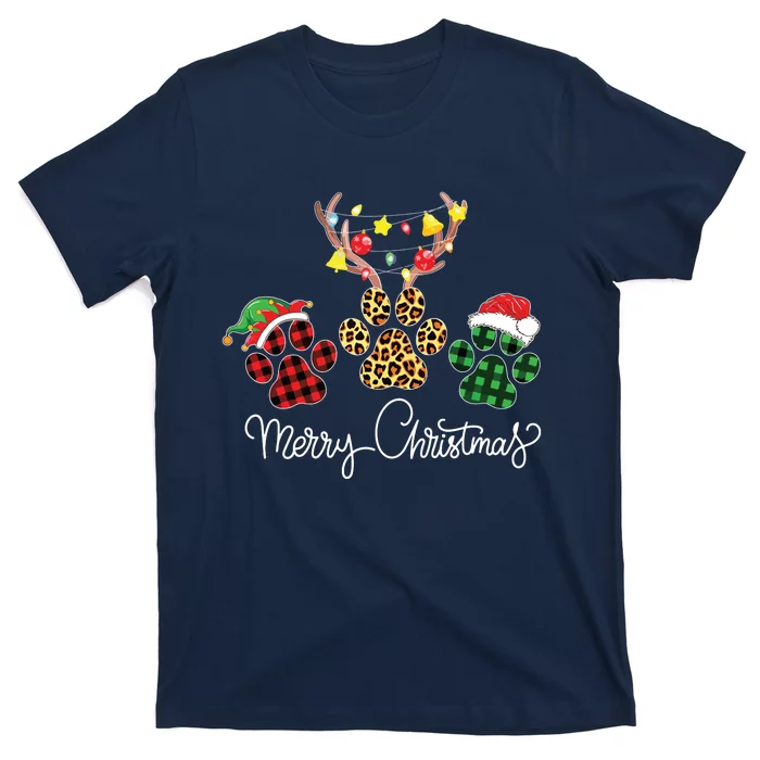 Merry Christmas Dog Paws Lights Buffalo Plaid Leopard Xmas T-Shirt