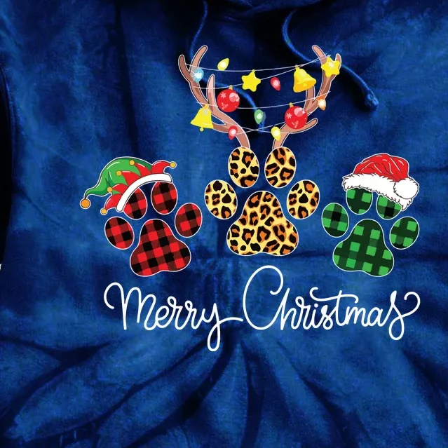 Merry Christmas Dog Paws Lights Buffalo Plaid Leopard Xmas Tie Dye Hoodie