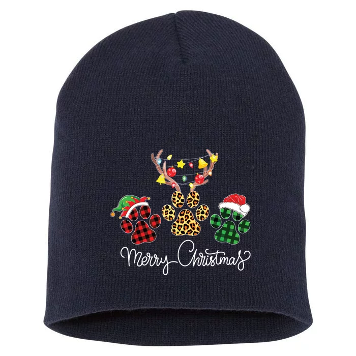 Merry Christmas Dog Paws Lights Buffalo Plaid Leopard Xmas Short Acrylic Beanie