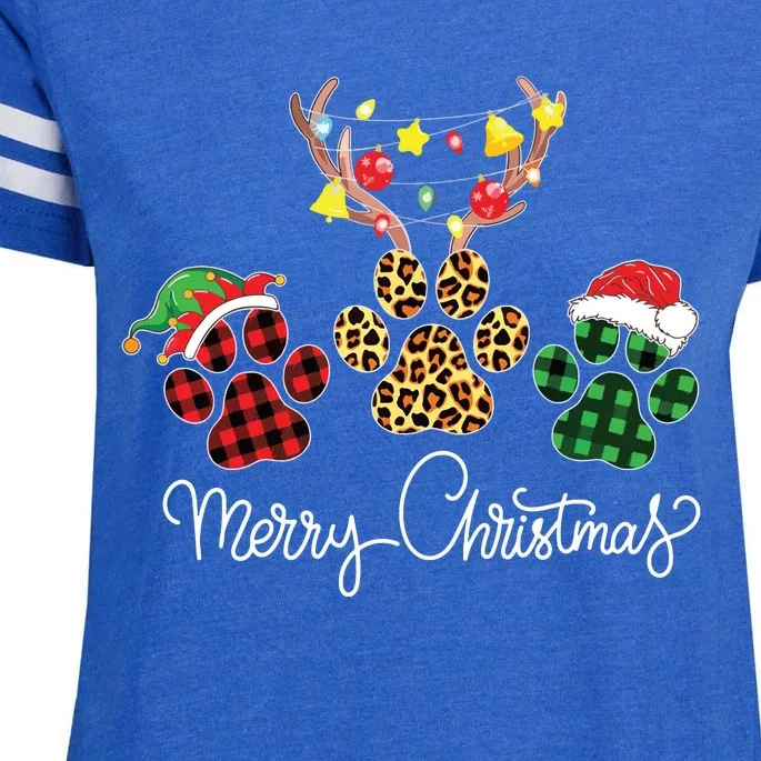 Merry Christmas Dog Paws Lights Buffalo Plaid Leopard Xmas Enza Ladies Jersey Football T-Shirt