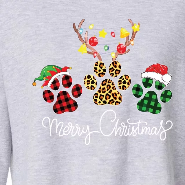 Merry Christmas Dog Paws Lights Buffalo Plaid Leopard Xmas Cropped Pullover Crew