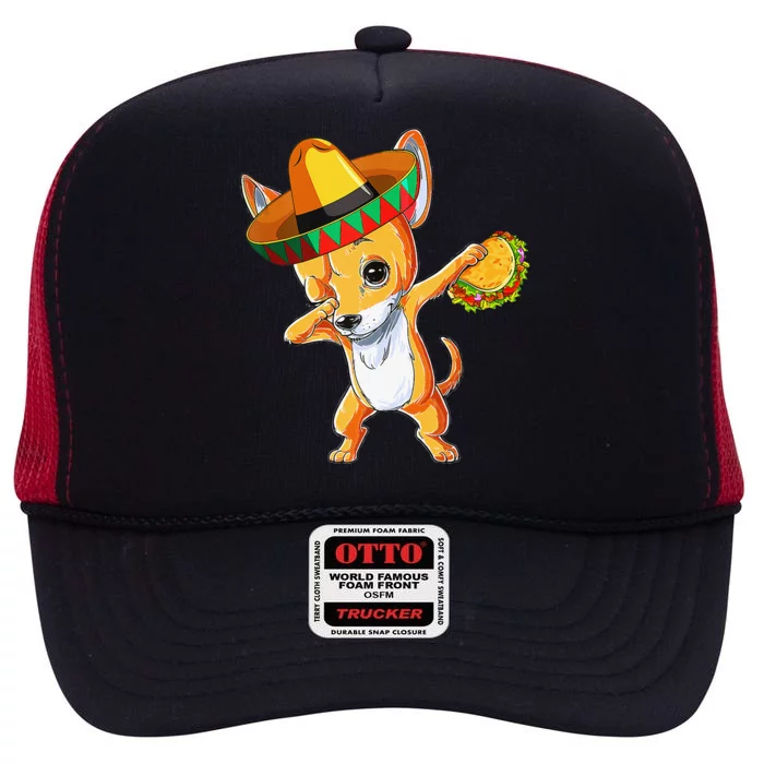 Mexican Chihuahua Dog Dabbing Sombrero Taco Cinco De Mayo High Crown Mesh Trucker Hat