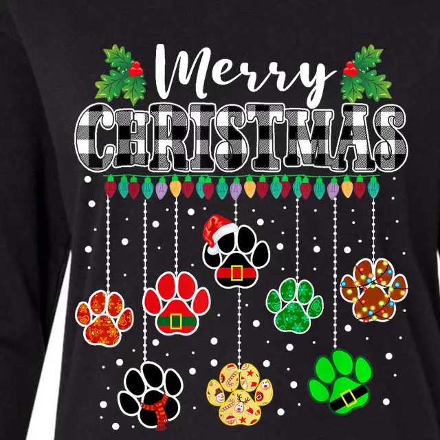 Merry Christmas Dog Paw Print Buffalo Plaid White Ugly Xmas Womens Cotton Relaxed Long Sleeve T-Shirt