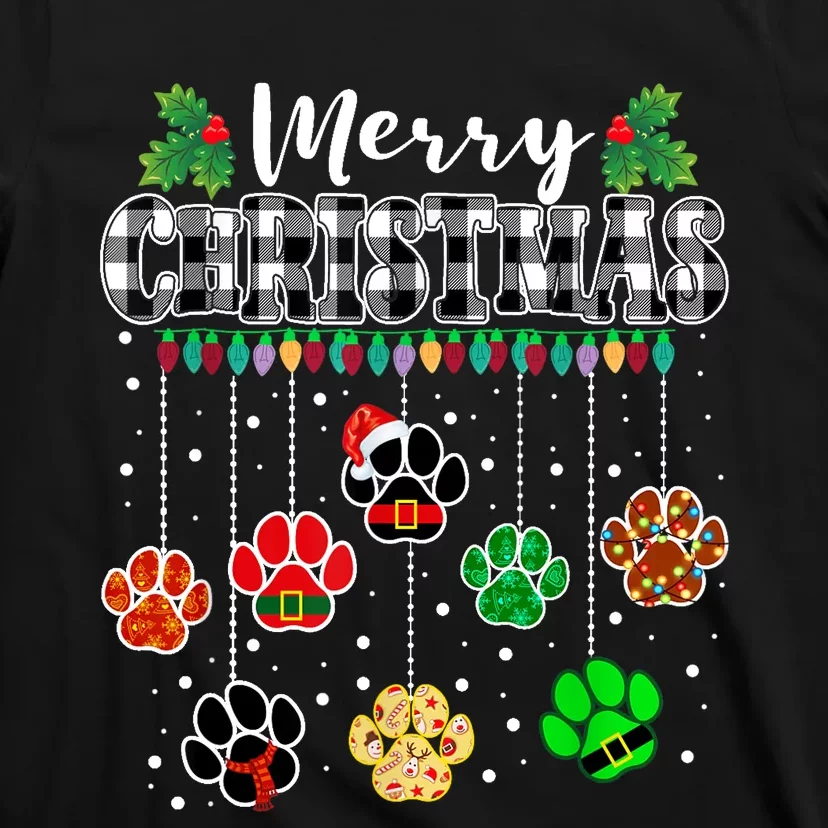 Merry Christmas Dog Paw Print Buffalo Plaid White Ugly Xmas T-Shirt