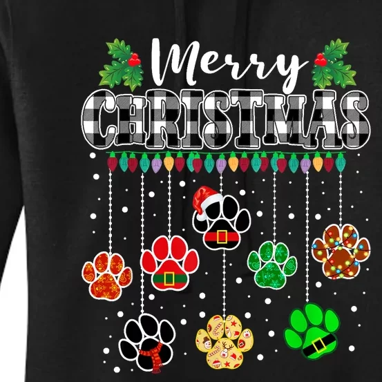 Merry Christmas Dog Paw Print Buffalo Plaid White Ugly Xmas Women's Pullover Hoodie