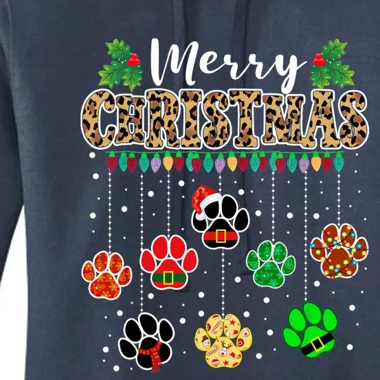 Merry Christmas Dog Paw Print Leopard Funny Xmas Light Gifts Women's Pullover Hoodie