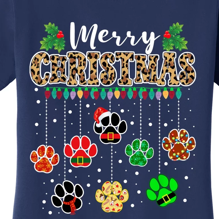 Merry Christmas Dog Paw Print Leopard Funny Xmas Light Gifts Women's T-Shirt