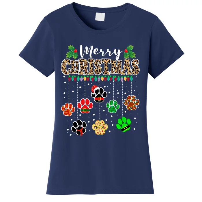 Merry Christmas Dog Paw Print Leopard Funny Xmas Light Gifts Women's T-Shirt