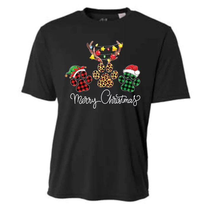 Merry Christmas Dog Paws Lights Buffalo Plaid Leopard Xmas Cooling Performance Crew T-Shirt