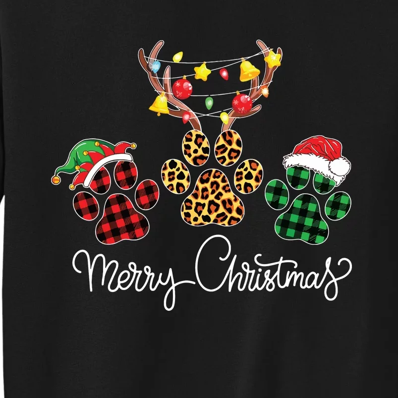 Merry Christmas Dog Paws Lights Buffalo Plaid Leopard Xmas Sweatshirt