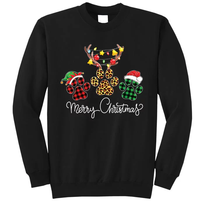 Merry Christmas Dog Paws Lights Buffalo Plaid Leopard Xmas Sweatshirt