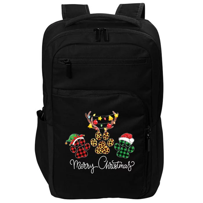 Merry Christmas Dog Paws Lights Buffalo Plaid Leopard Xmas Impact Tech Backpack