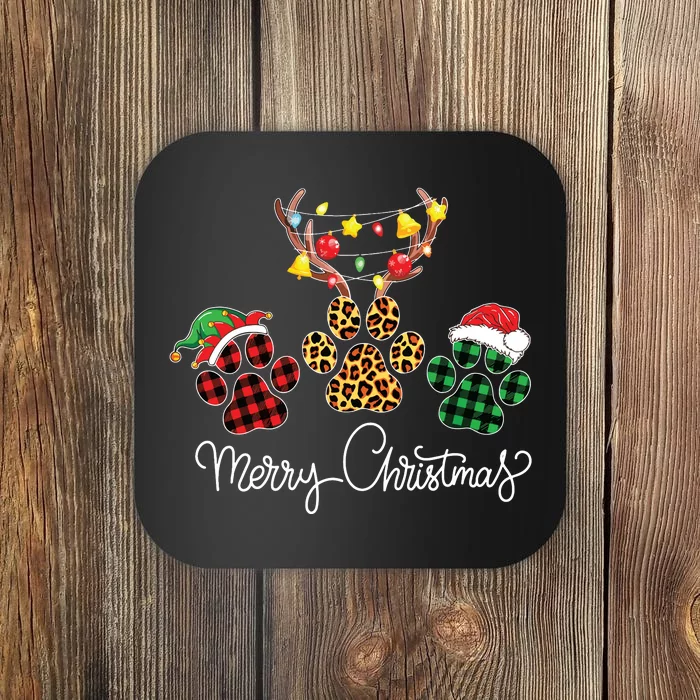 Merry Christmas Dog Paws Lights Buffalo Plaid Leopard Xmas Coaster