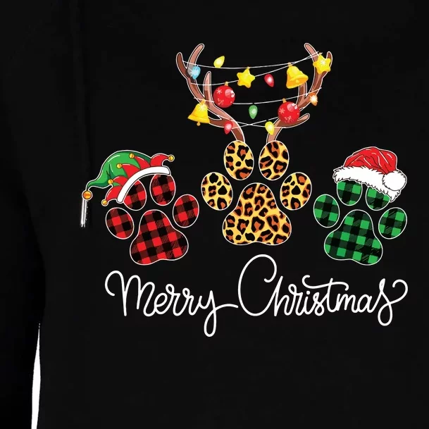 Merry Christmas Dog Paws Lights Buffalo Plaid Leopard Xmas Womens Funnel Neck Pullover Hood