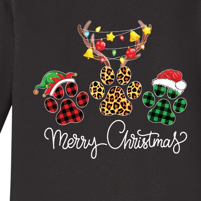 Merry Christmas Dog Paws Lights Buffalo Plaid Leopard Xmas Baby Long Sleeve Bodysuit