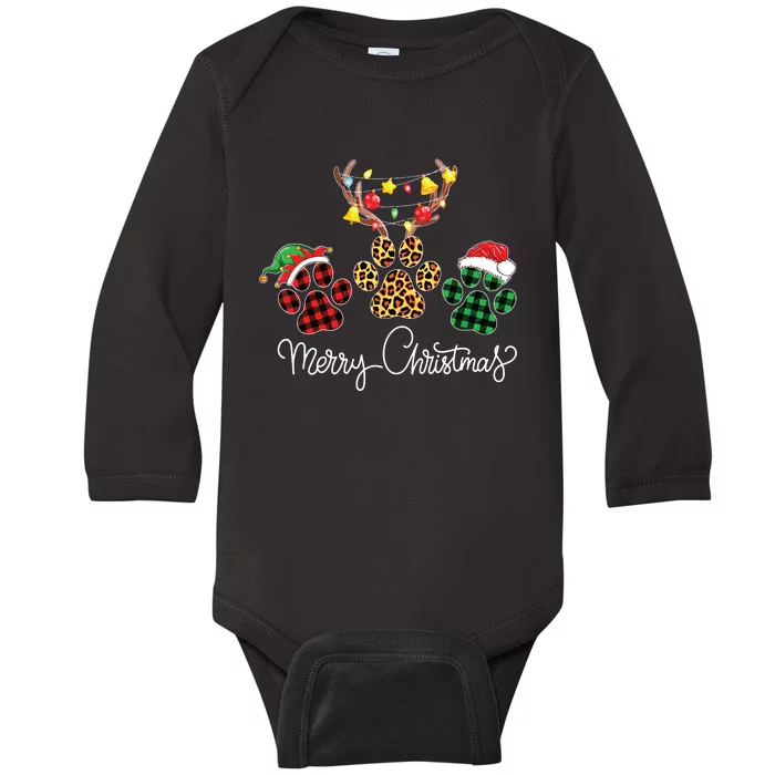 Merry Christmas Dog Paws Lights Buffalo Plaid Leopard Xmas Baby Long Sleeve Bodysuit